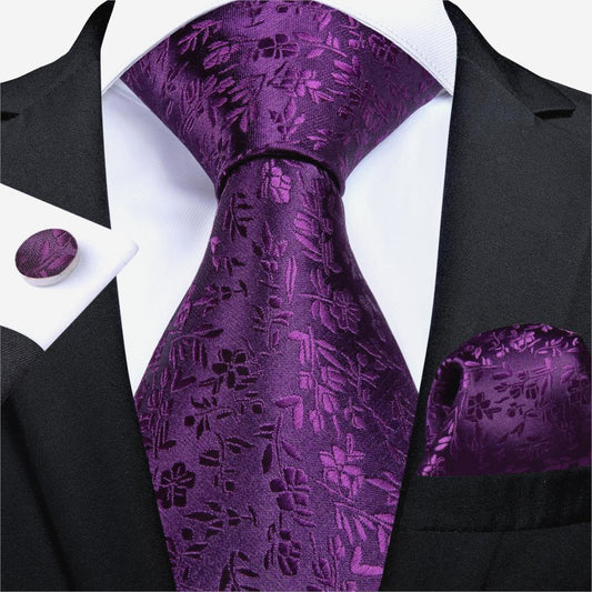 Purple Tiny Leaves Silk Tie Set