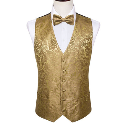 Gold Floral Silk Vest Set with Bowtie