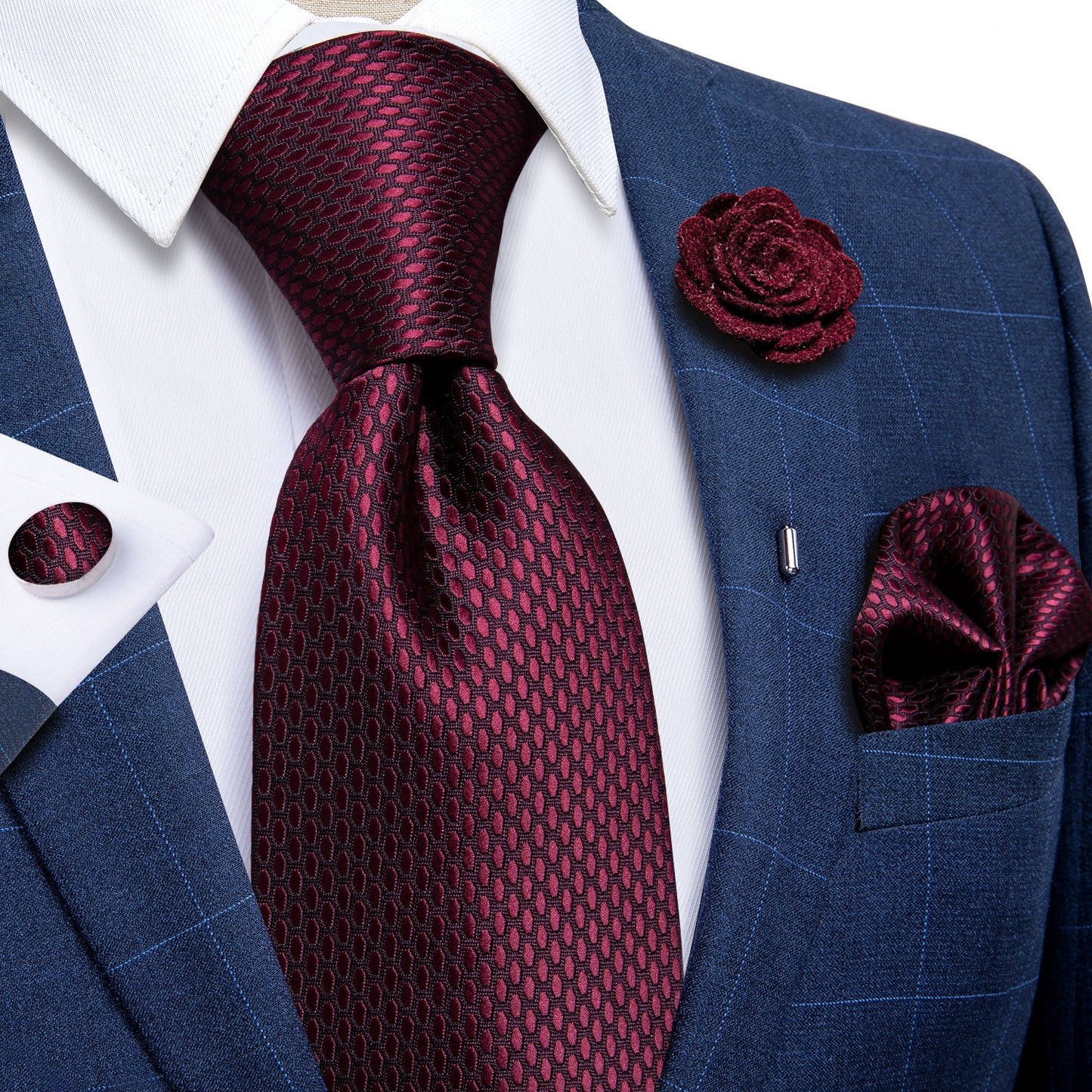 Red Wine Tie Set with Brooch and Tie Clip