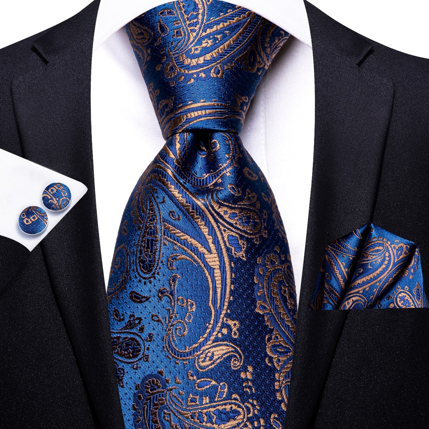 Luxury Gold Floral In Navy Blue Paisley Tie Set - Masculine Clothes