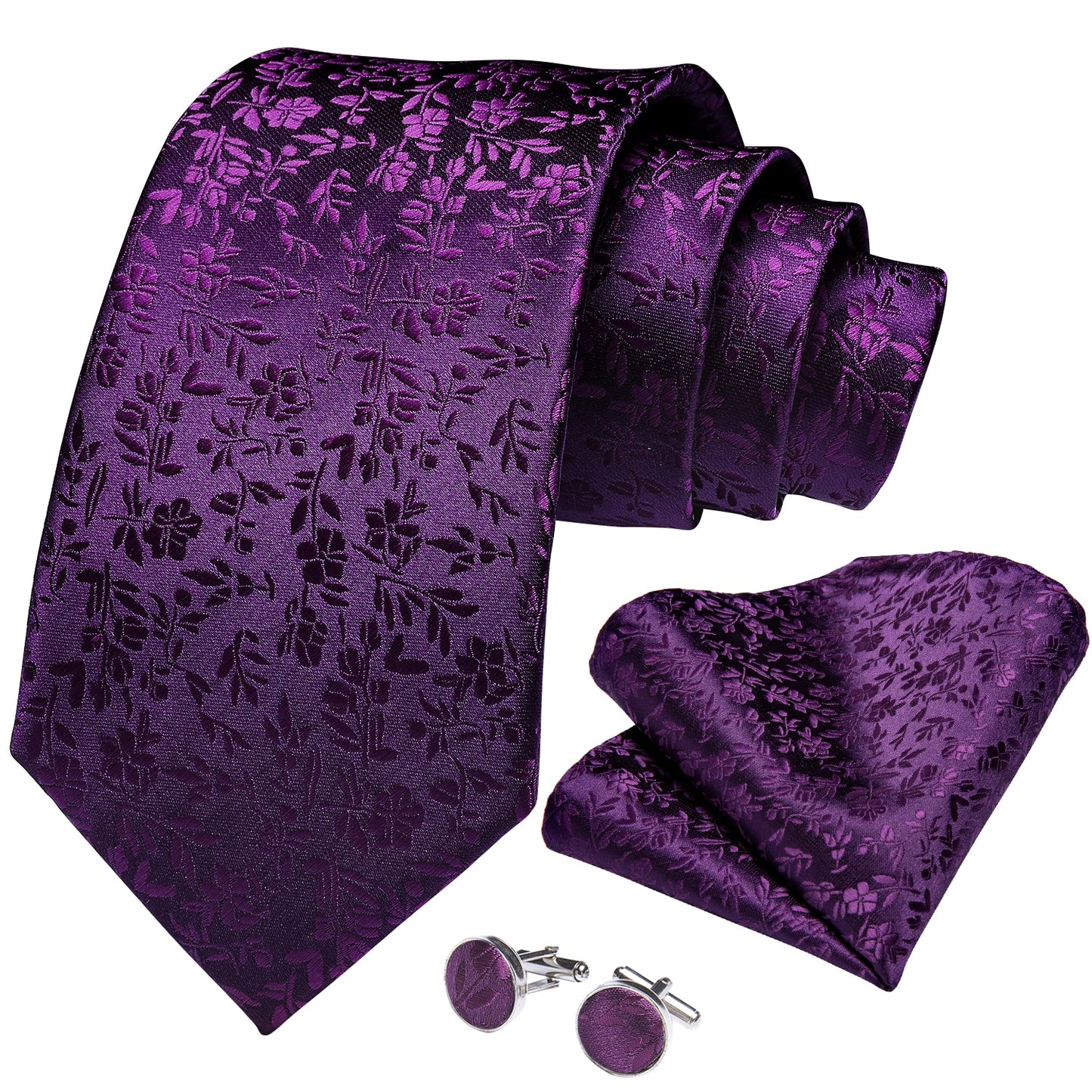 Purple Tiny Leaves Silk Tie Set