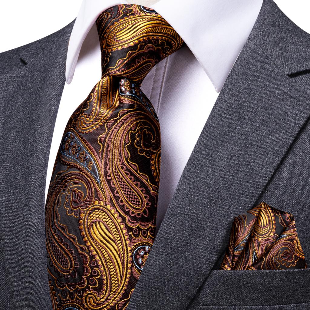 Premium Gold and Brown Leaves Silk XL Tie Set