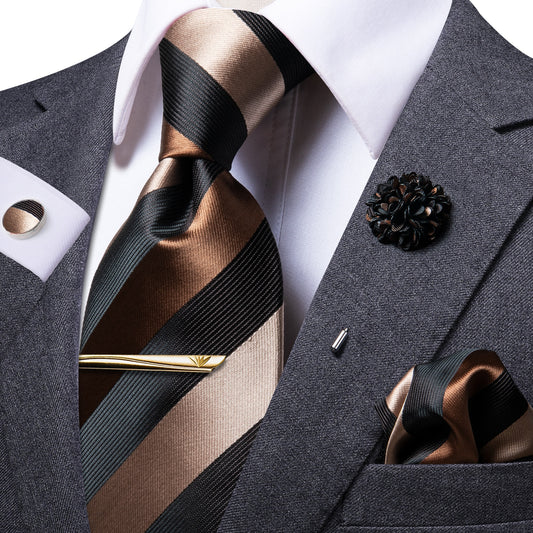 Chocolate Stripes Tie Set with Brooch and Tie Clip