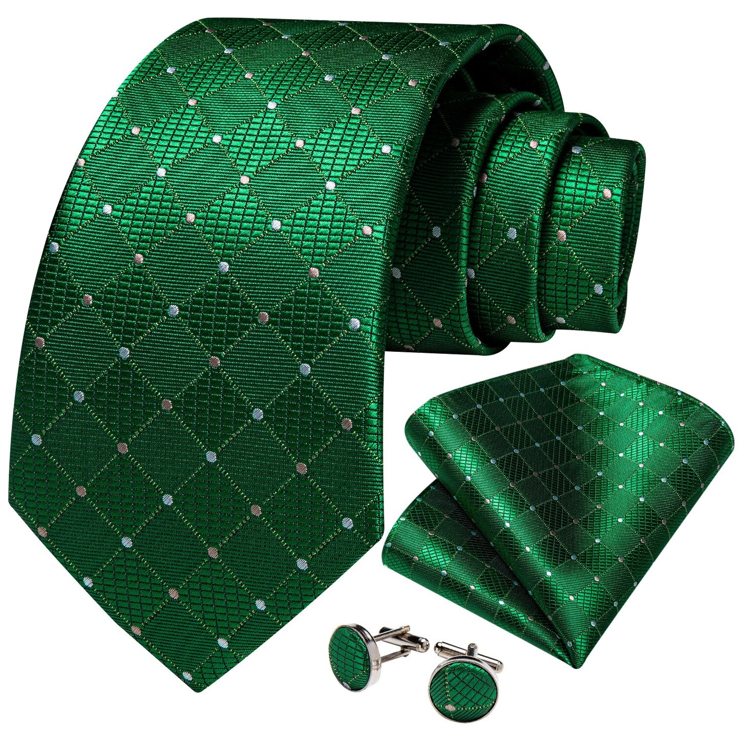 White Polkadots In Green Silk Tie Set