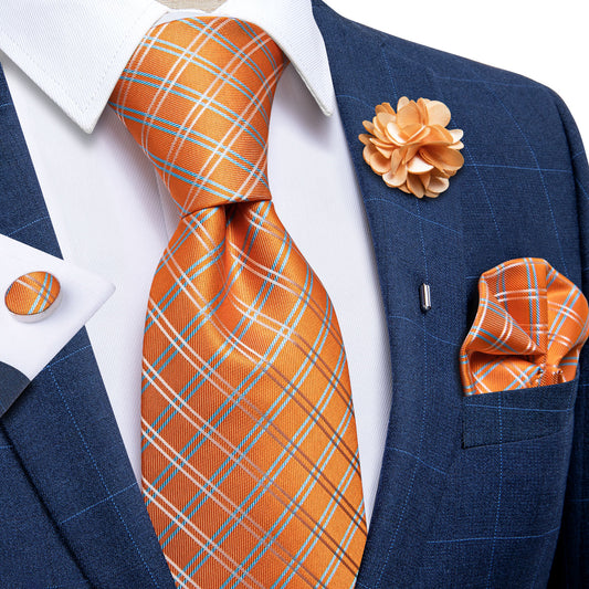 Champagne Checkered In Orange Tie Set with Brooch