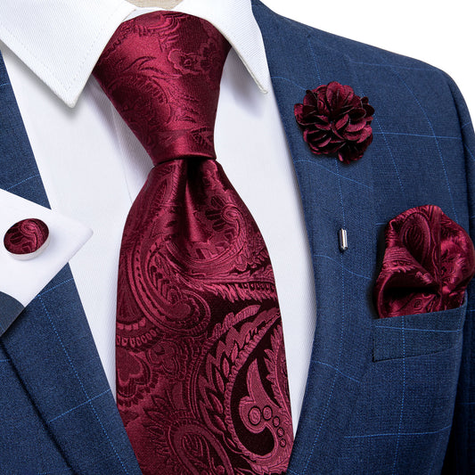 Burgundy Floral Paisley Tie Set with Brooch