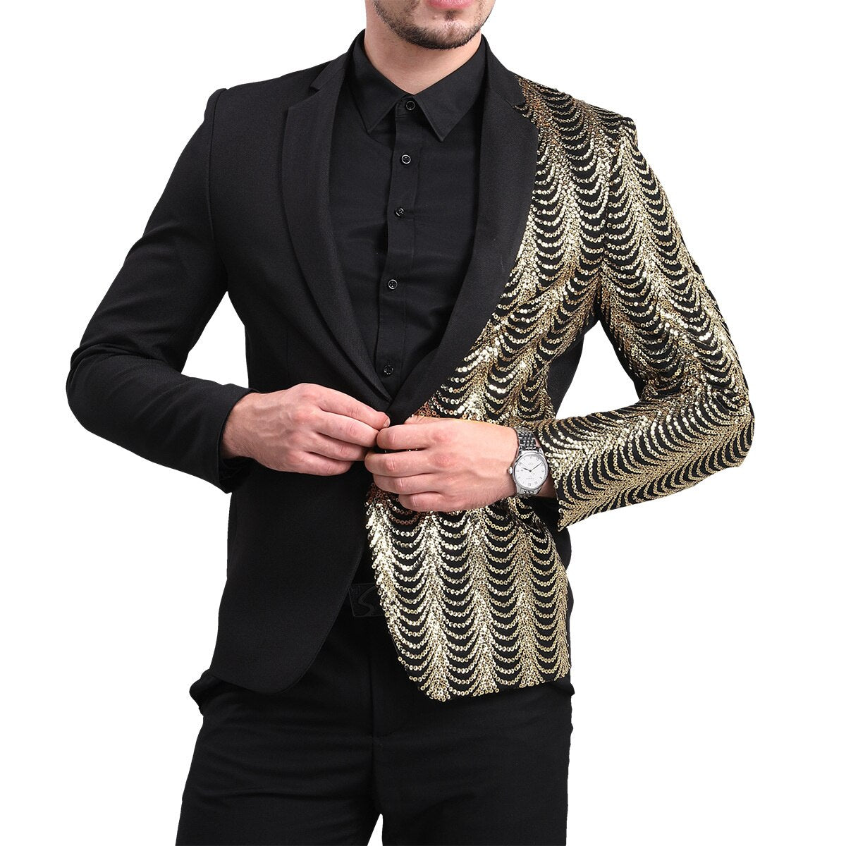 Black with Gold Sequin Tuxedo Jacket