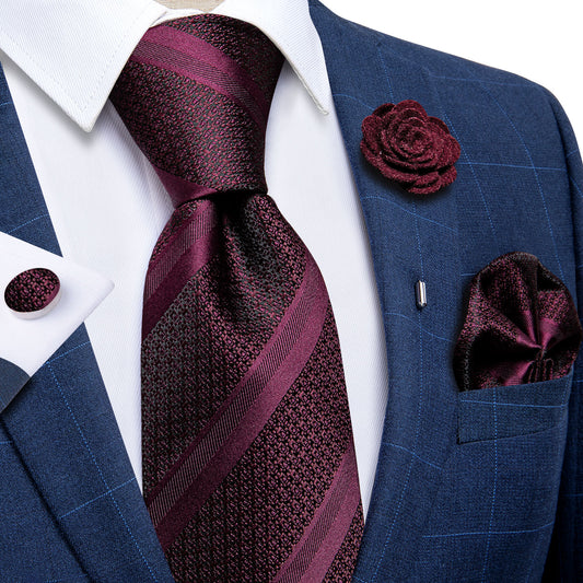 Burgundy Striped Silk Tie Set with Brooch