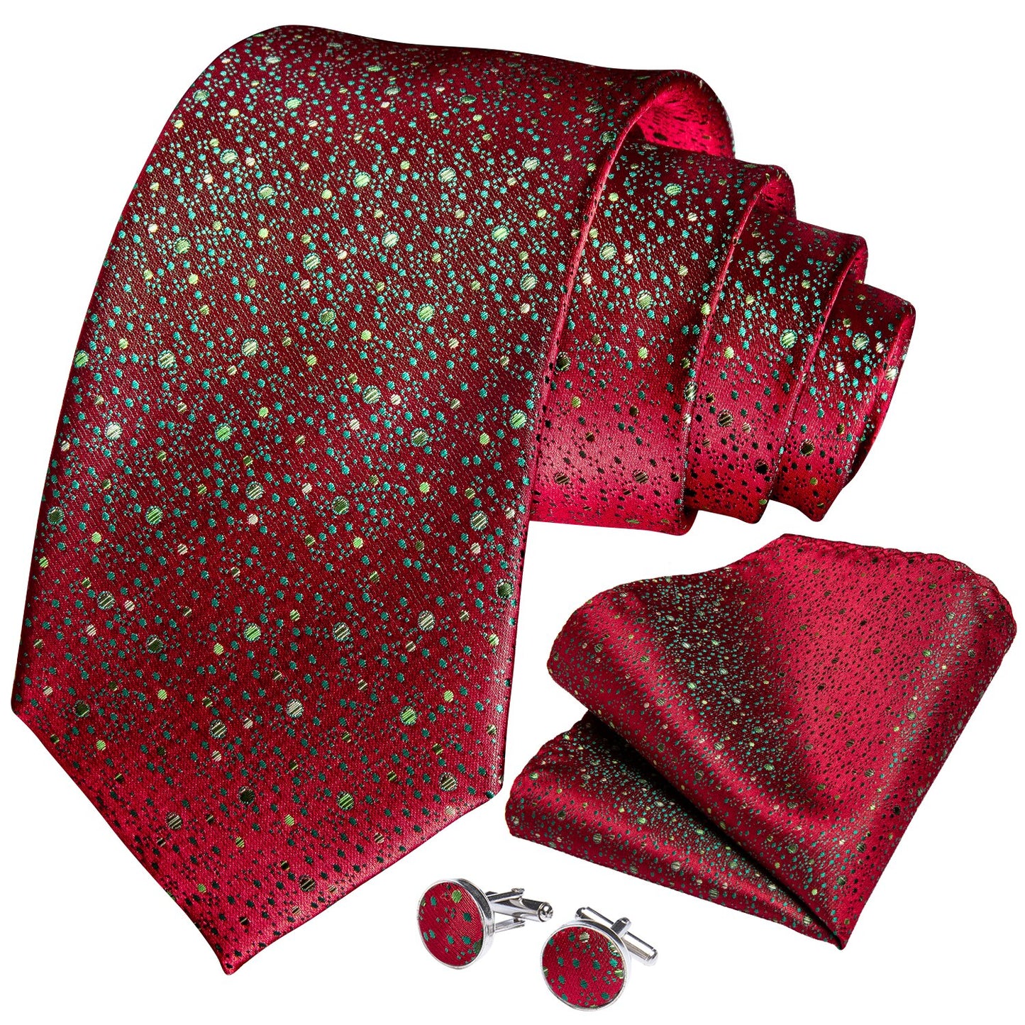 Sparkling Red Silk Tie, Pocket Square and Cufflinks