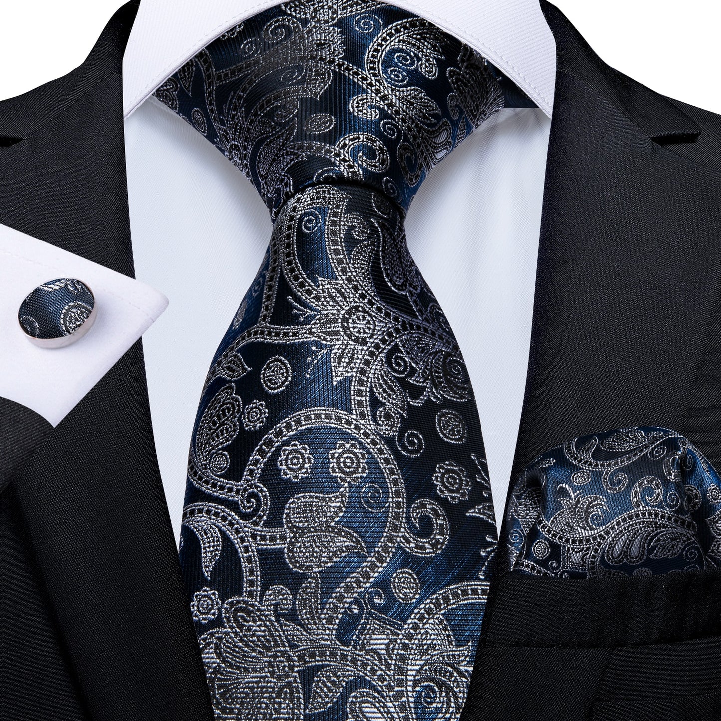 Gray Floral In Navy Blue Paisley Tie Set