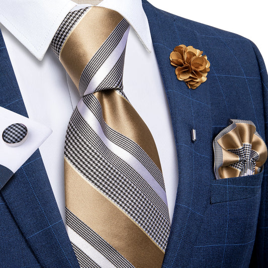 Mocha Stripes Silk Tie Set with Brooch