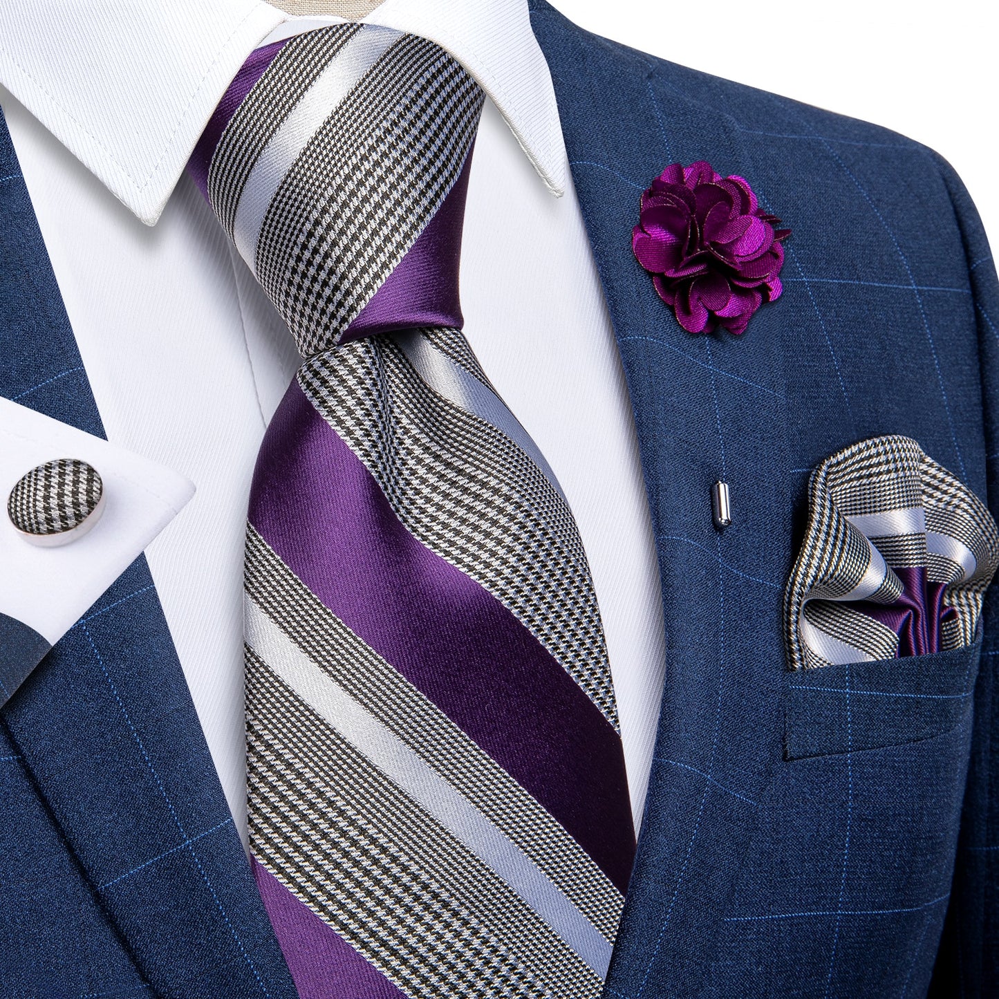 Purple Stripes Silk Tie Set with Brooch