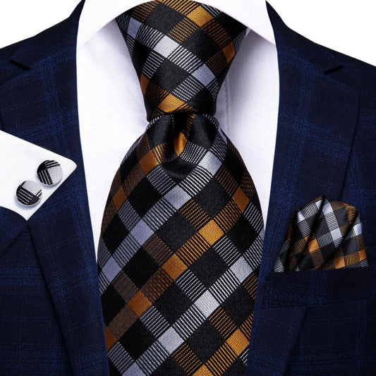 Mustard Checkered Silk Tie Set