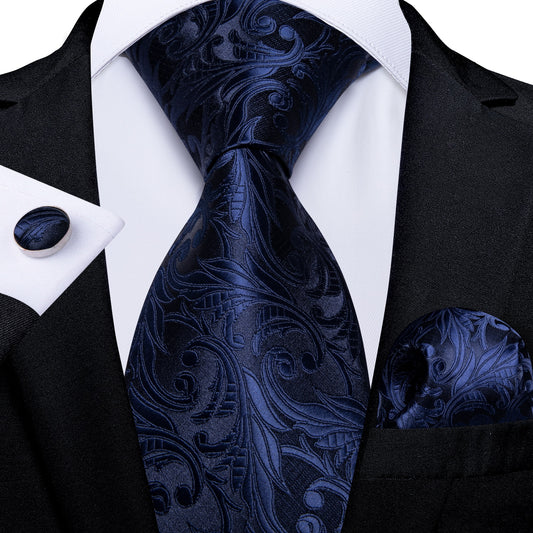 Midnight Blue Leaves Silk Tie Set