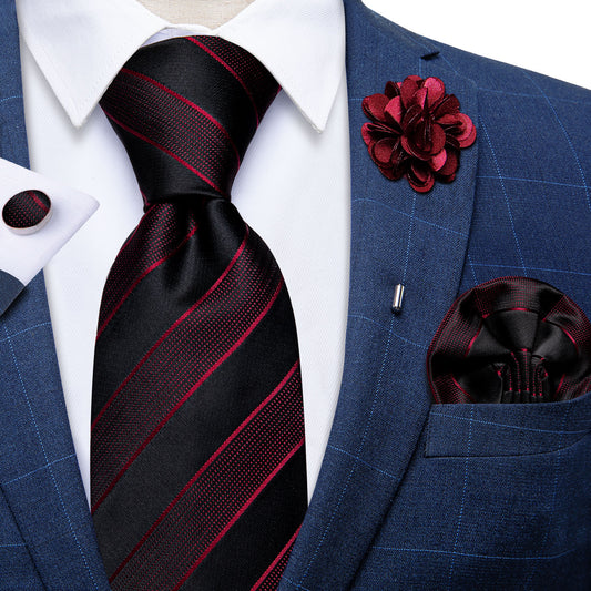 Black and Red Striped Silk Tie Set with Brooch