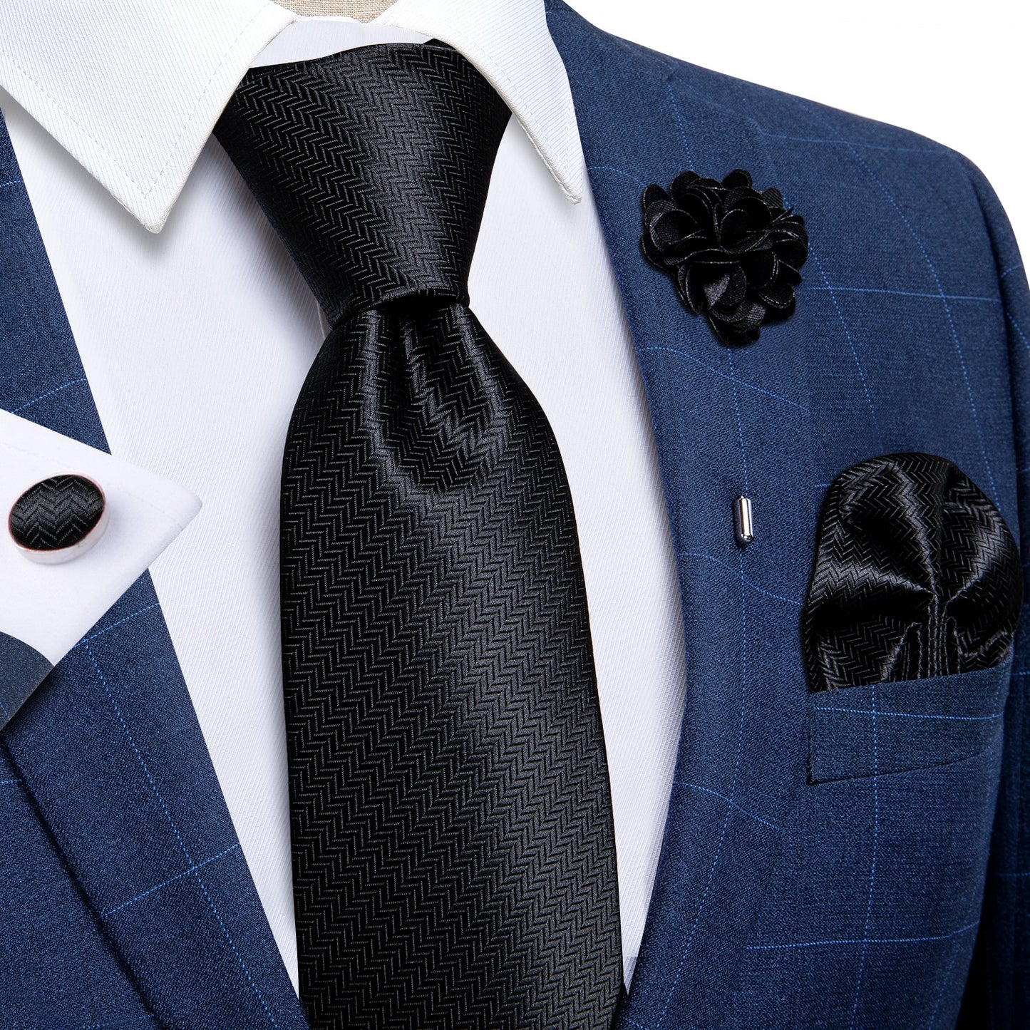 Black Silk Tie Set with Brooch