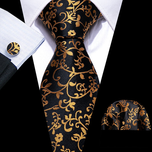 Gold Vineyard In Black Silk Tie Set