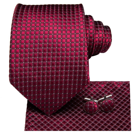 Burgundy Tiny Square Tie, Pocket Square, Cufflinks and Brooch