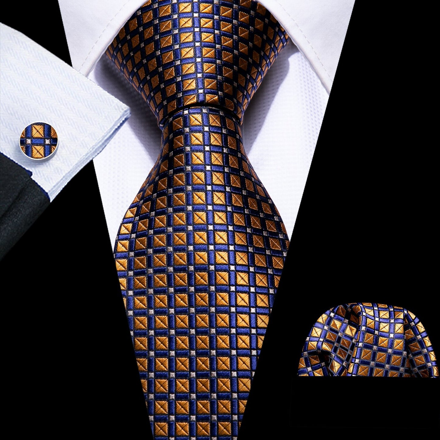 Premium Tiny Square Gold and Blue Tie Set