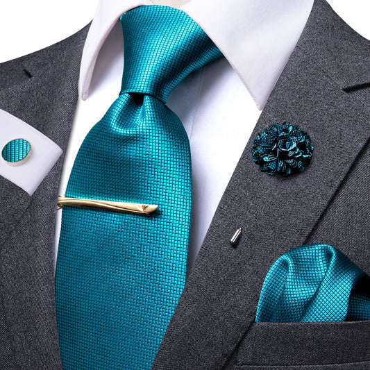 Teal Silk Tie Set with Brooch and Tie Clip