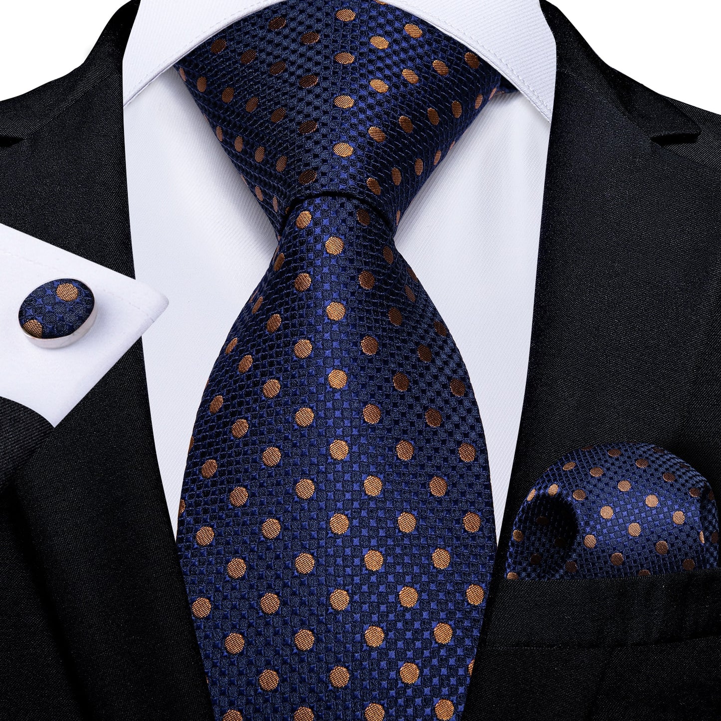 Golden Brown Polkadots In Blue Tie Set