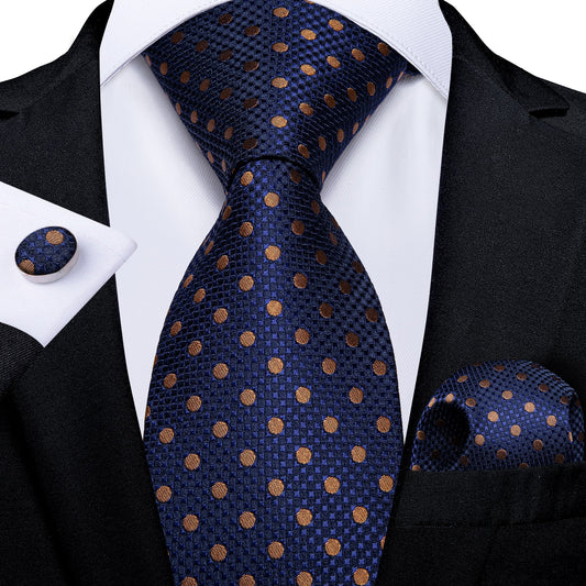 Golden Brown Polkadots In Blue Tie Set