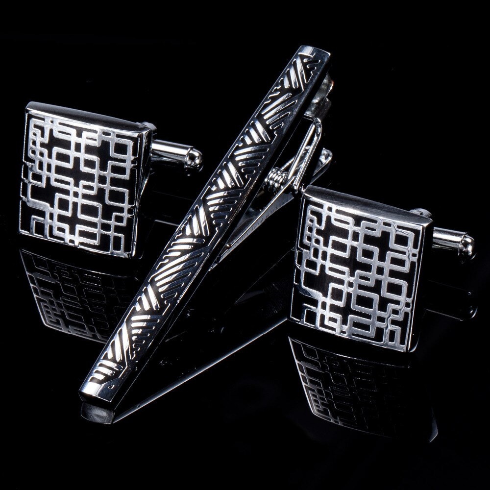 Silver Squares In Black Tie Clip and Cufflinks