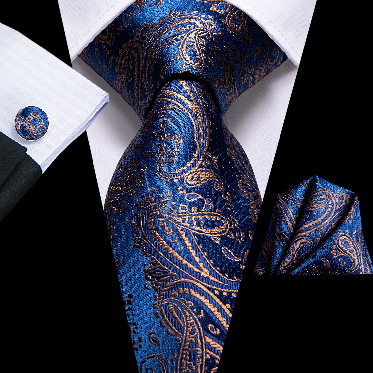 Luxury Gold Floral In Navy Blue Paisley Tie Set - Masculine Clothes