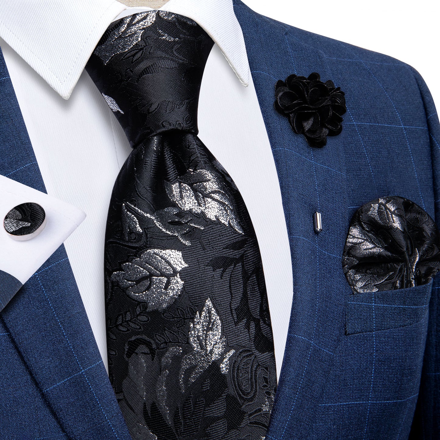 Silver Leaves In Black Tie Set with Brooch