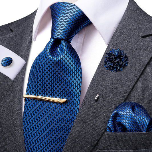 Blue Snake Skin Tie Set with brooch and Tie Clip