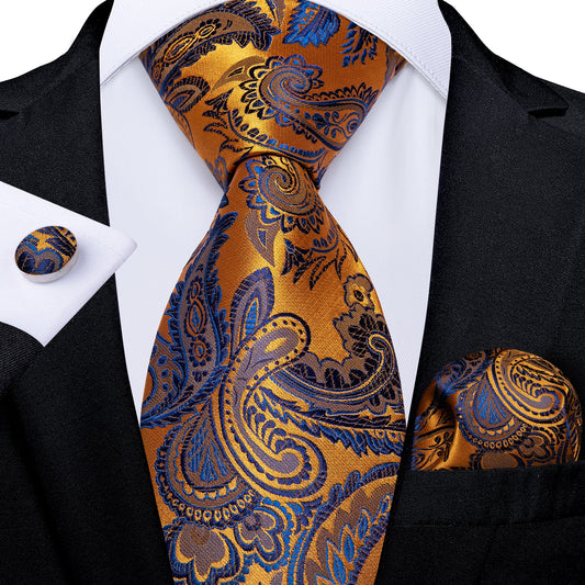 Premium Blue Floral In Yellow Gold Tie Set with Brooch