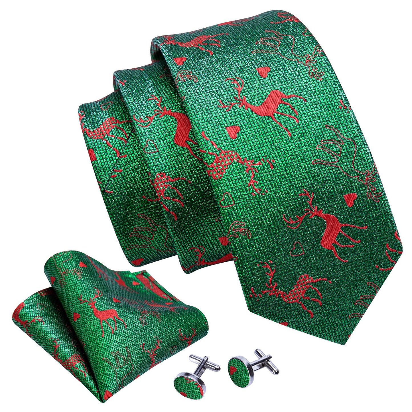 Red Reindeer In Green Silk Tie Set