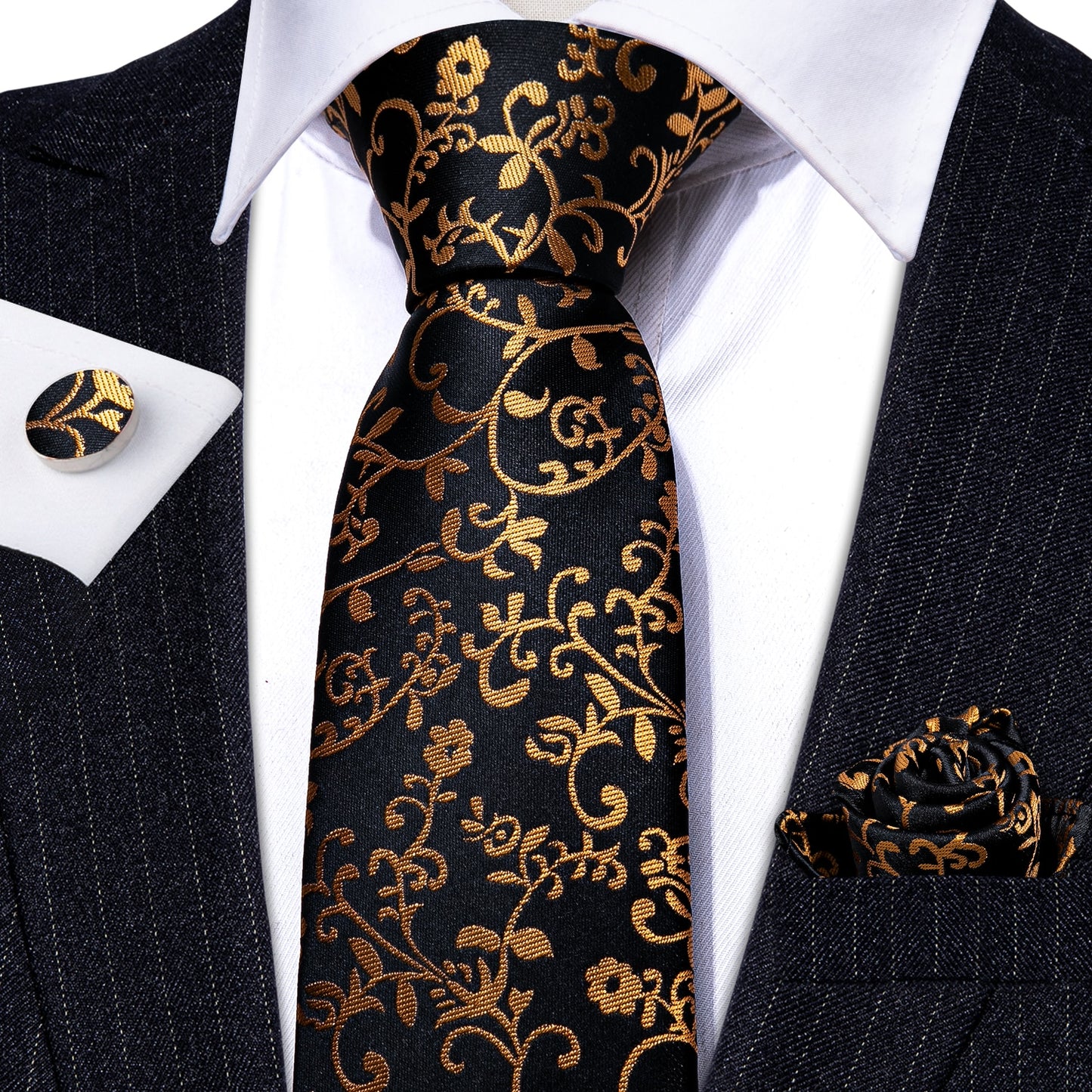 Gold Vineyard In Black Silk Tie Set