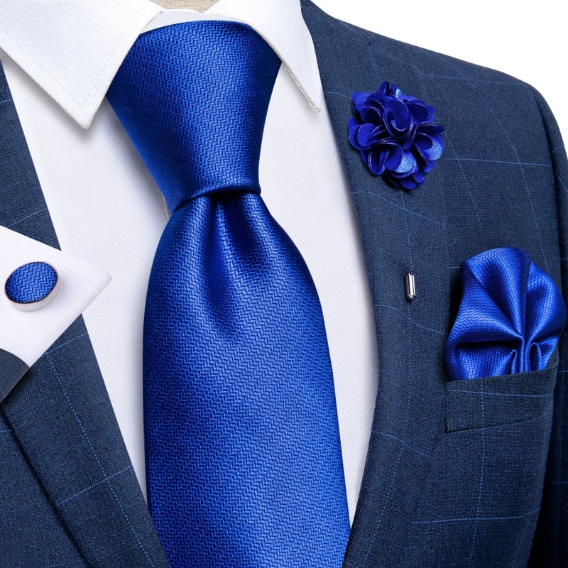 Blue Silk Tie Set with Brooch