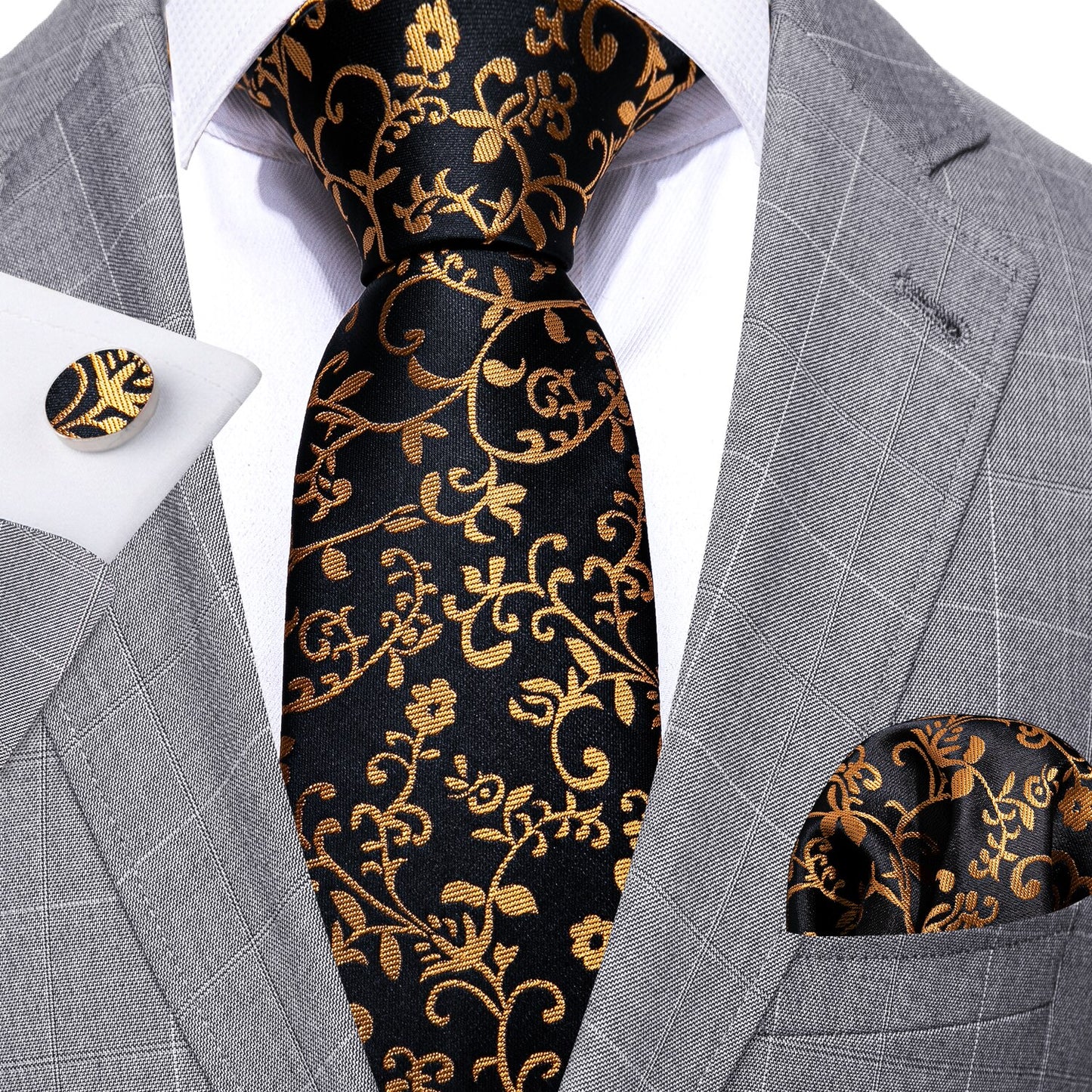 Gold Vineyard In Black Silk Tie Set