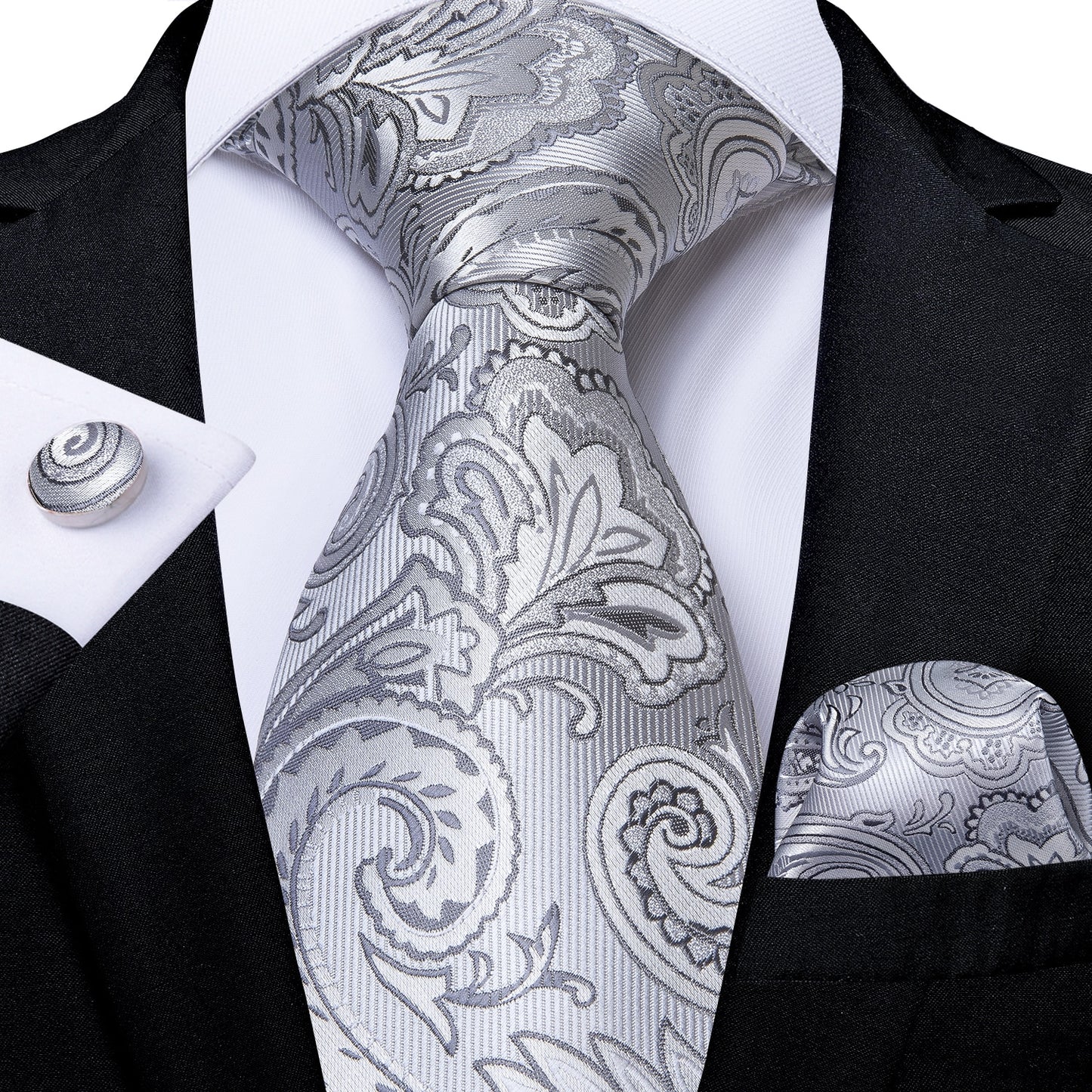 Silver Floral In White Paisley Tie Set