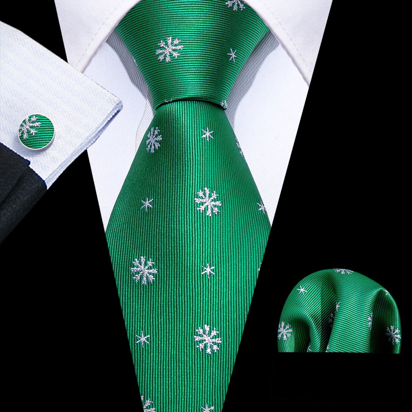 Snowflakes In Green Silk Tie Set