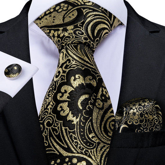 Gold Floral In Black Paisley Tie Set with Brooch