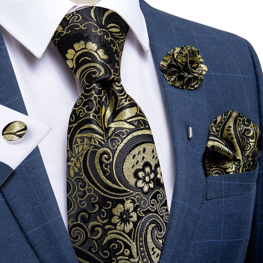 Gold Floral In Black Paisley Tie Set with Brooch