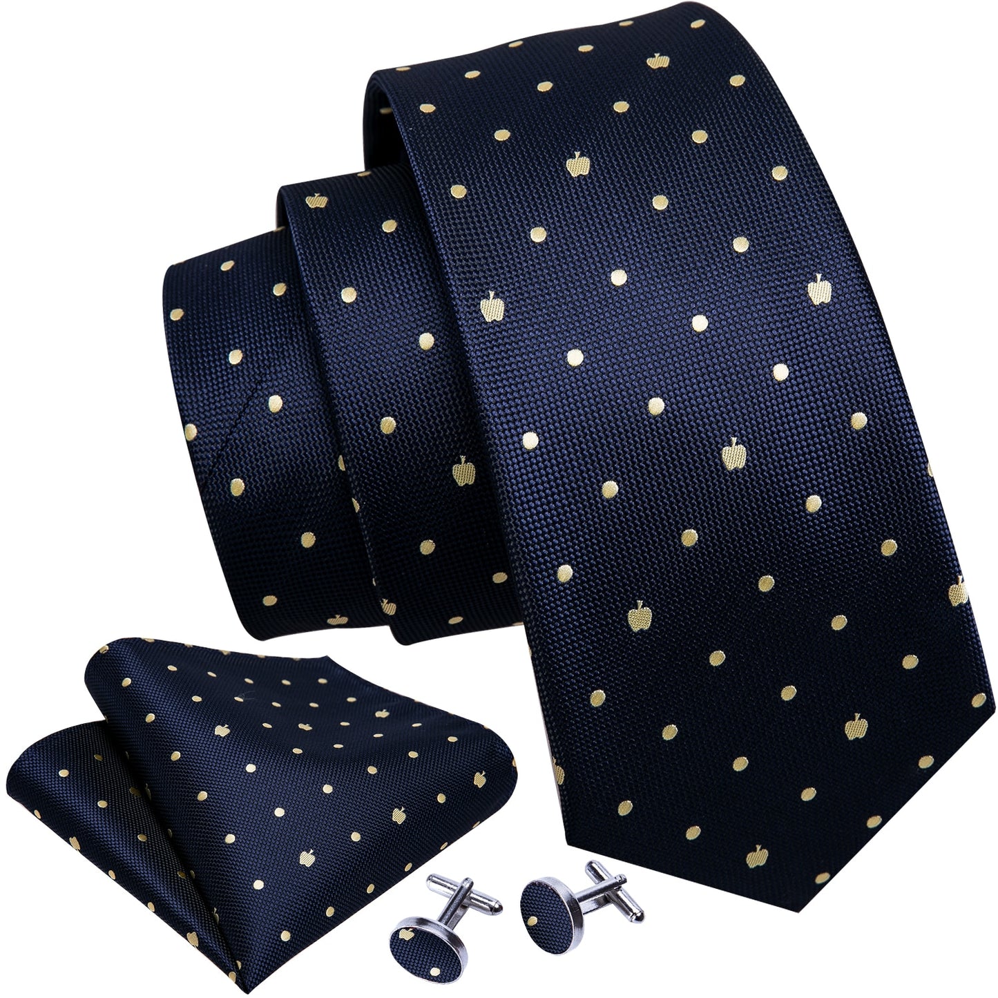 White Apple and Dots In Dark Blue Tie Set