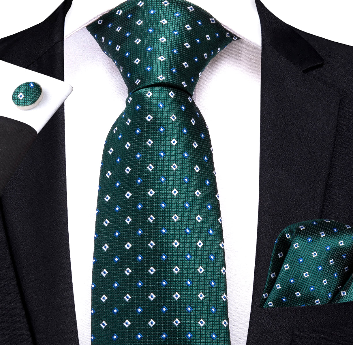 White and Blue Diamonds In Green Tie Set