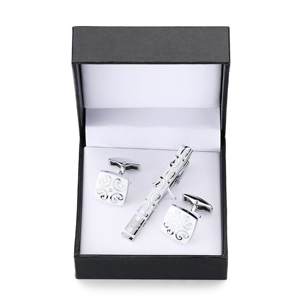 Silver Floral Tie Clip and Cufflinks