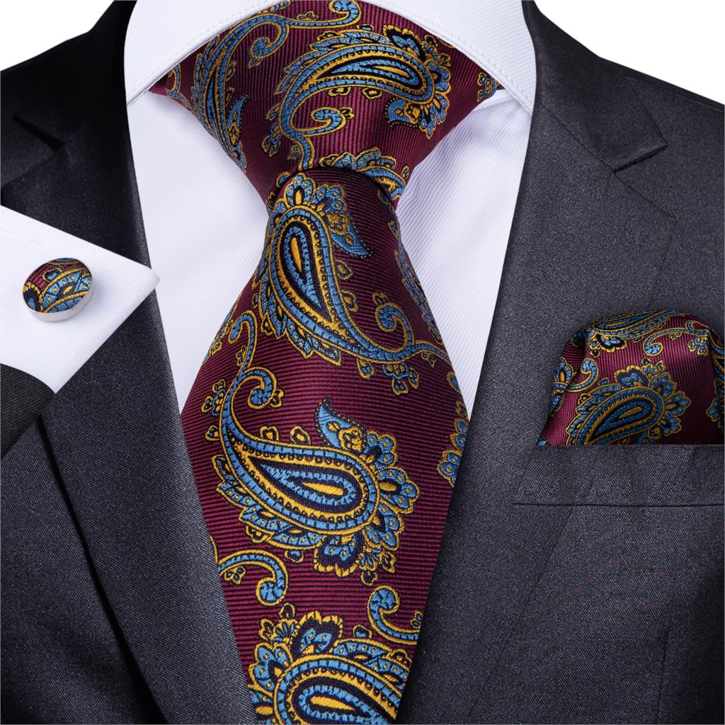 Luxury Burgundy Leaves Silk Tie Set