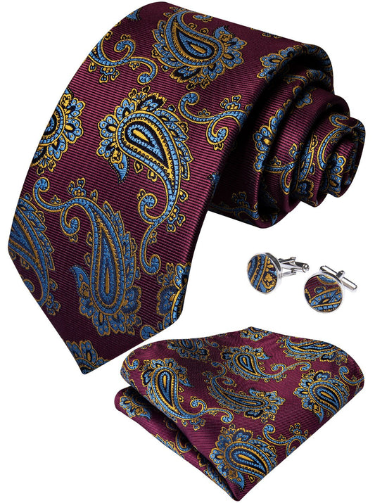 Luxury Burgundy Leaves Silk Tie Set