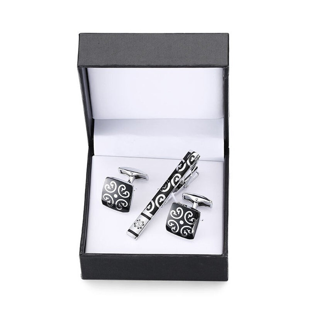 Silver Floral In Black Tie Clip and Cufflinks