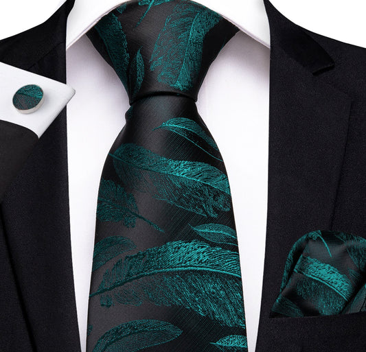 Green Leaves In Black Silk Tie Set