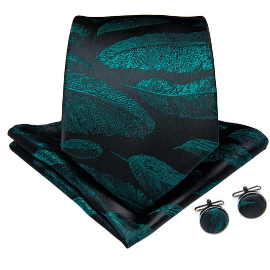 Green Leaves In Black Silk Tie Set