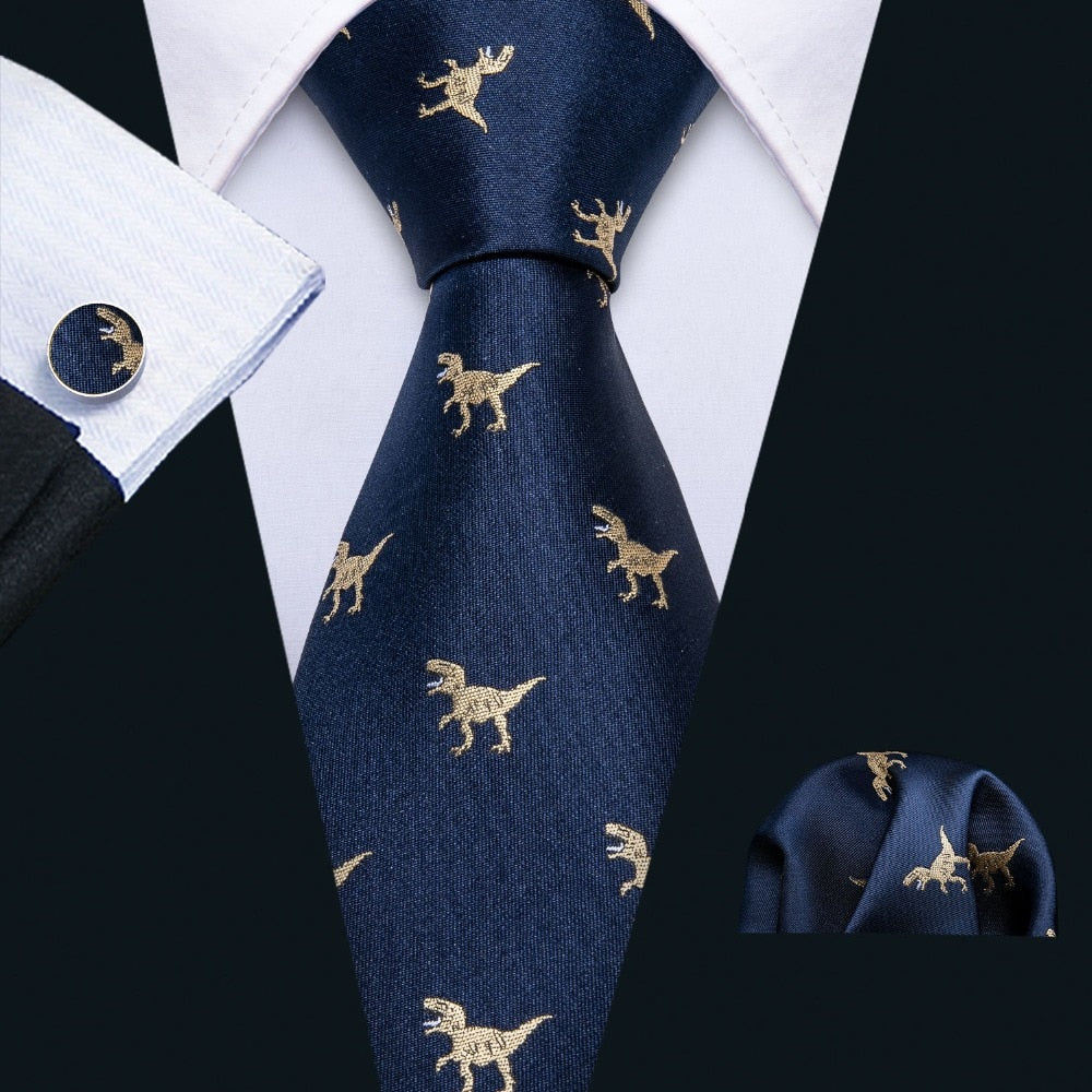 Navy Blue Dinosaur Silk Tie Set