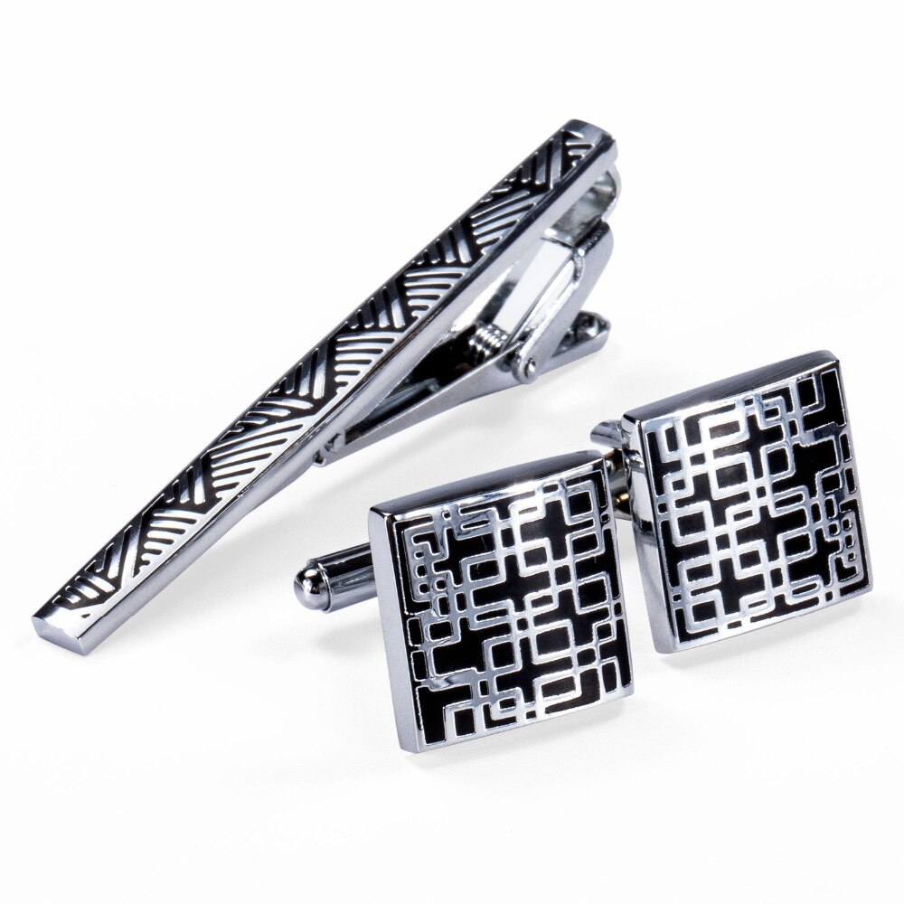 Silver Squares In Black Tie Clip and Cufflinks