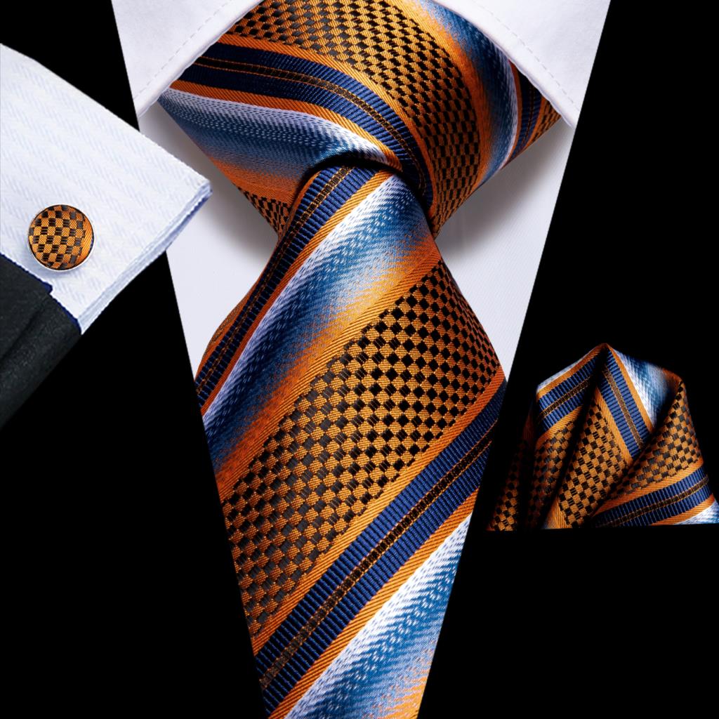 Orange and Faded Blue Striped Silk Tie Set - Masculine Clothes